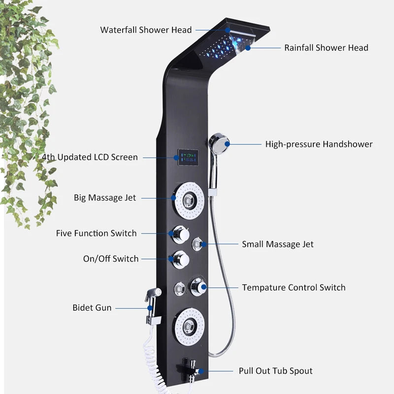Quyanre Six Function LED Shower Panel With Rainfall Massage Jets