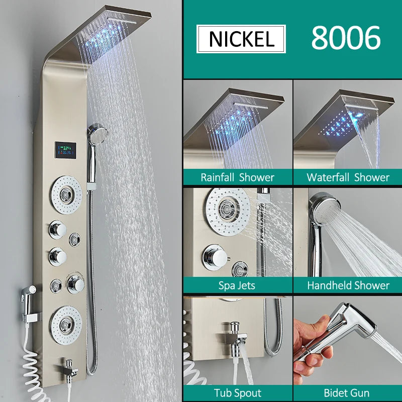 Quyanre Six Function LED Shower Panel With Rainfall Massage Jets