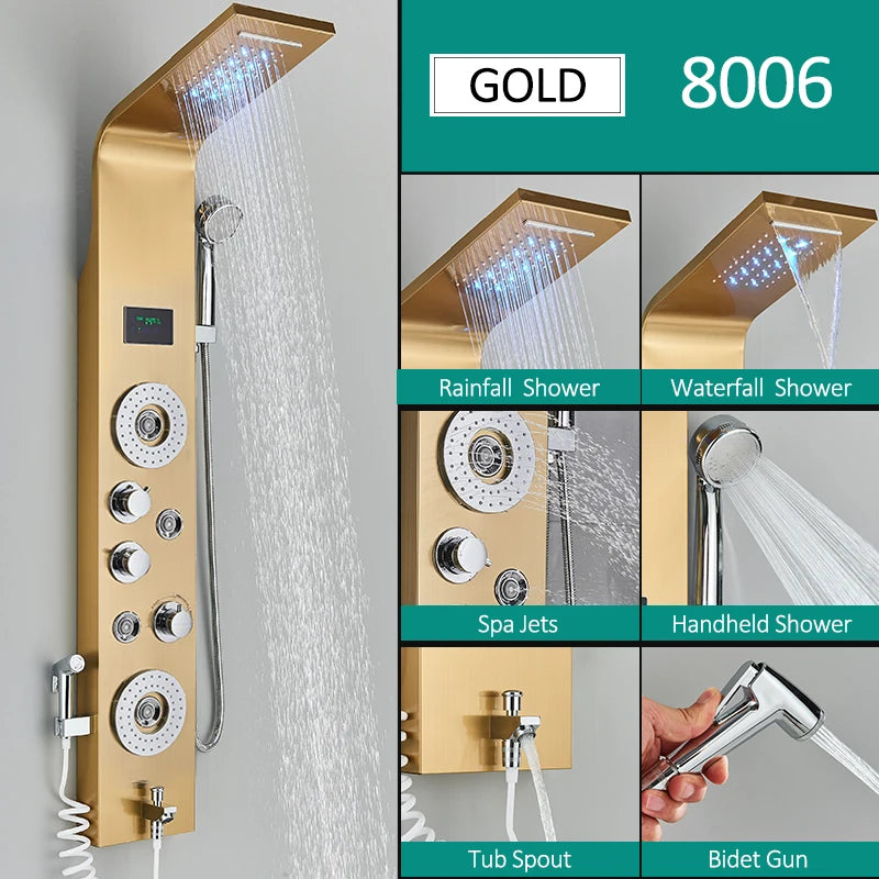 Quyanre Six Function LED Shower Panel With Rainfall Massage Jets