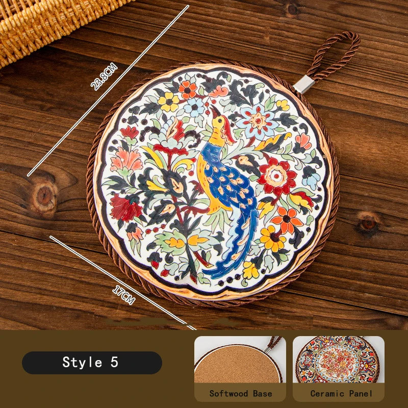 HeMu Bohemian Style Ceramic Pot Holders,Mandala Pattern Heat Resistant Trivets,Hanging Kitchen Coasters with Rope for Hot Dishes