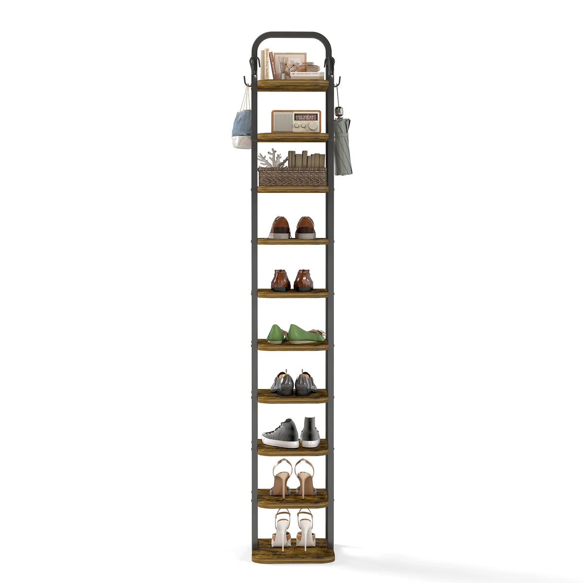 NEW 10 Tiers Vertical Shoe Rack Adjustable Shoe Shelf Storage Organizer Corner Shoe Rack 2 Hooks for Entryway Hallway Bedroom