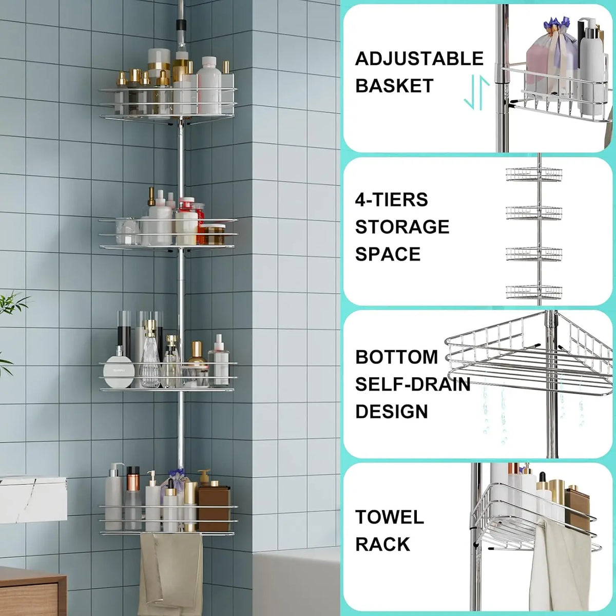 Bathroom Corner Shower Tension Pole Rust Proof Telescopic Rod Four-Layer 4 Tier Storage Rack Shower Organizer Stainless Steel Decor Shelf
