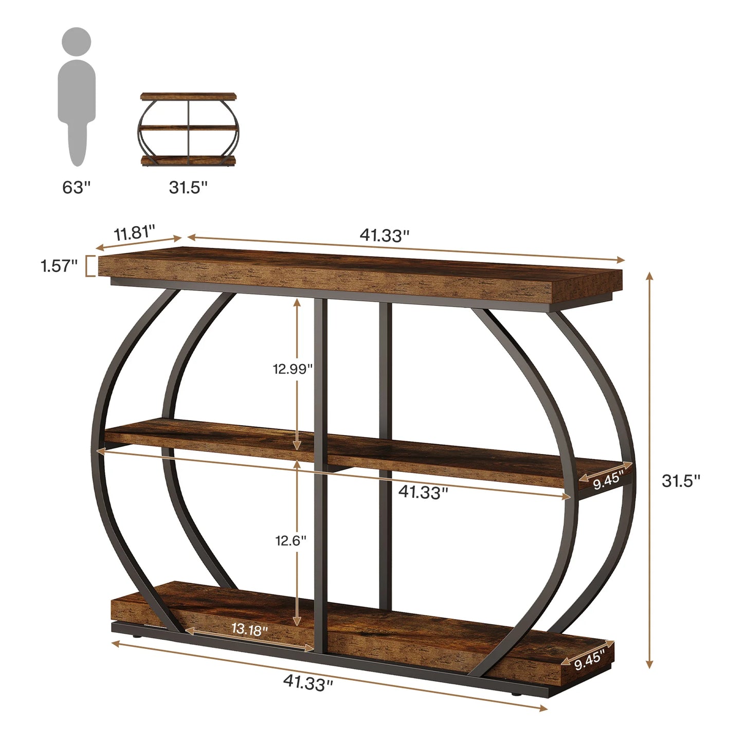 Tribesigns Industrial Three Tier Console Table With Storage Shelves