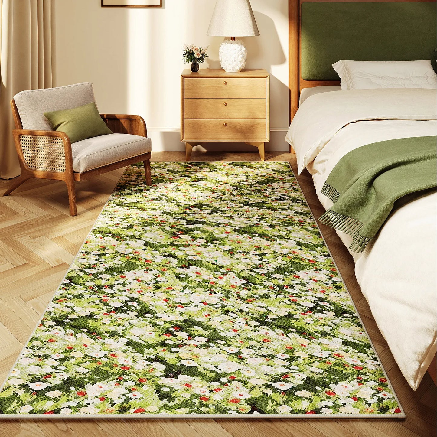 Pastoral Style Carpets for Living Room Flowers Bedroom Decor Carpet Fluffy Soft Green Bedside Plush Rug Home Anti-slip Floor Mat