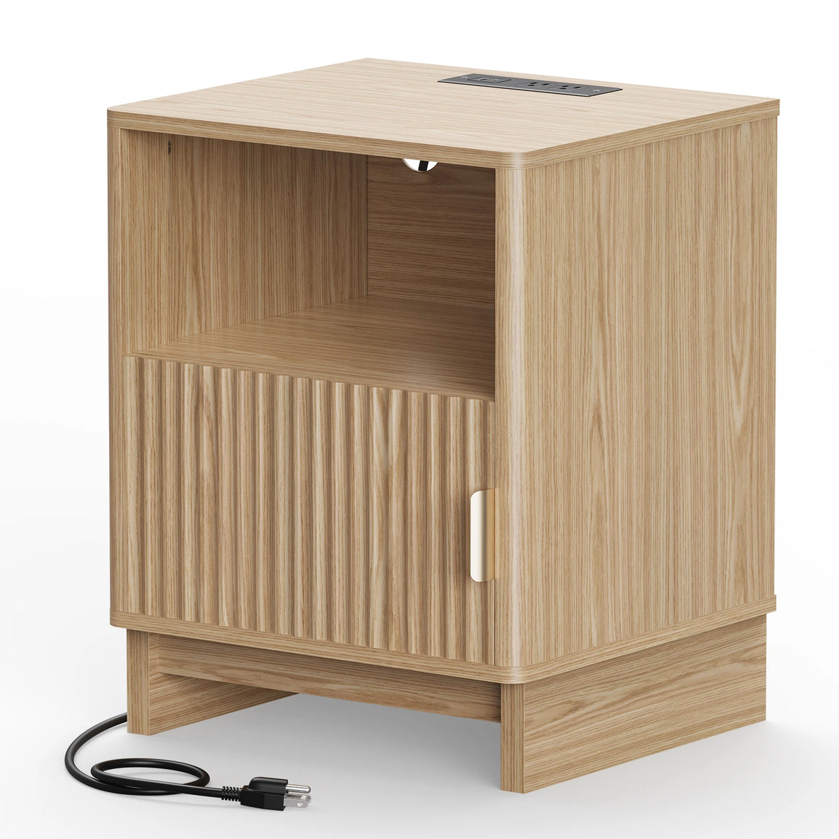 TinyNest Fluted Wood Nightstand With Charging Station And Storage