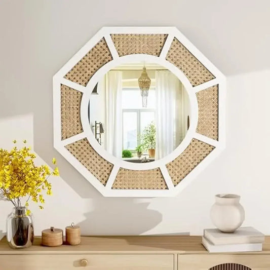 SHYFOY 24" Natural Woven Rattan Wall Mirror, White Frame Boho Wall Decor Mirror