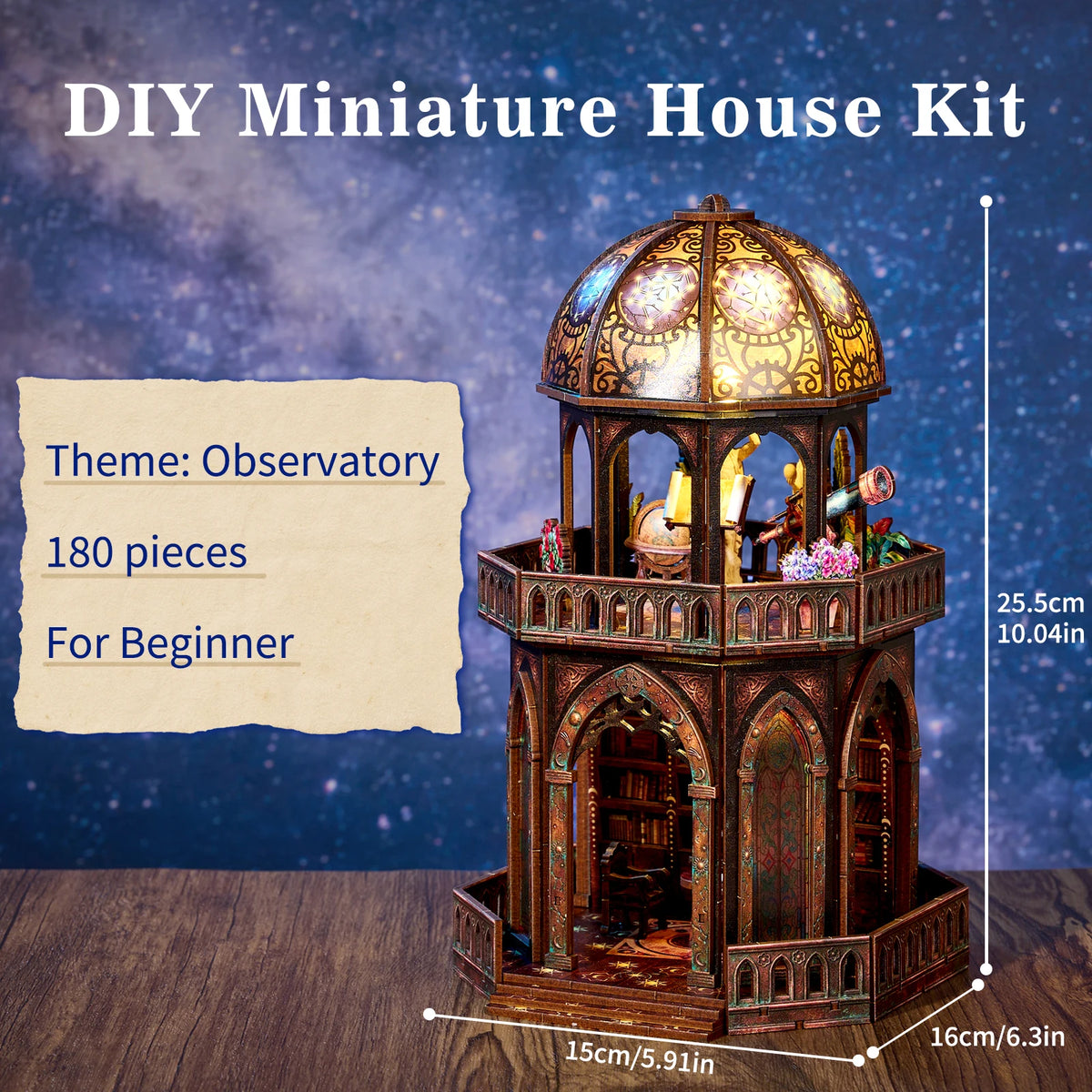 DIY 3D Wooden Puzzle Book Nook Kit Observatory Bookshelf Insert Dollhouse Model Bookend Home Decoration Building Gifts for Adults