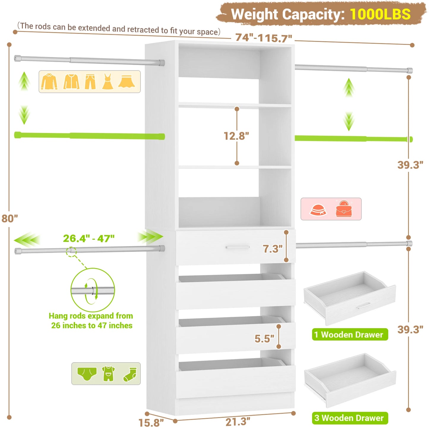 Aheaplus Wooden Closet System With Four Drawers Four Hanging Rods