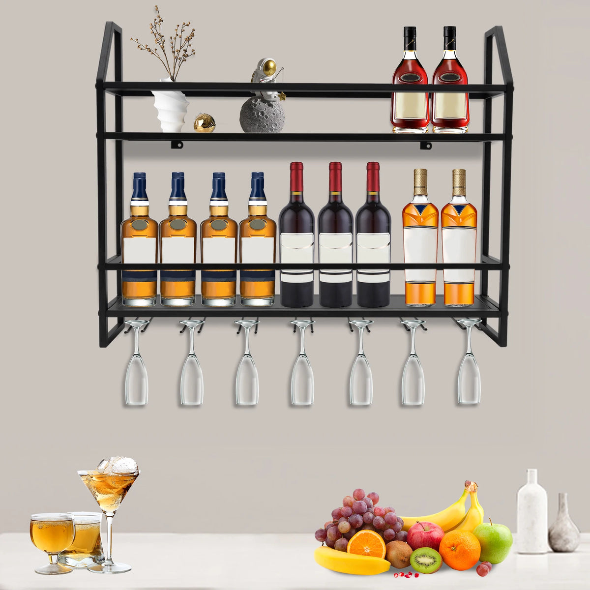 Wall Mounted Wine Rack Glass Holder 12 Bottles 7 Goblet Metal Shelf 2 Layer for Home Bar, 80cm Black