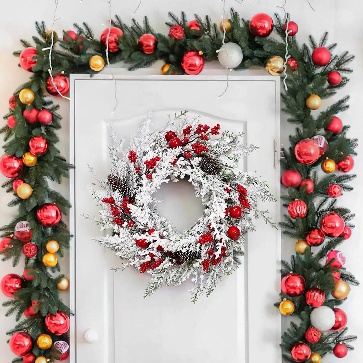 18 Inch Winter Christmas Wreath Snow Flocked Artificial Pine Garland Wreath Red Berries Pinecones Xmas Ornament Window Wall Hanging Decor Christmas Decorations