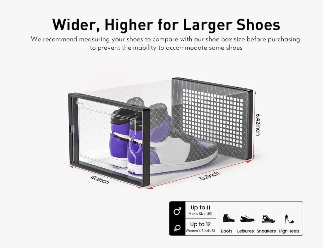12 Pack Stackable Clear Plastic Shoe Storage Boxes with Front Door, Foldable Shoe Organizer Containers, Dust-Proof Transparent Shoe Drawer Bins for Closet Bedroom Sneaker Boots Storage
