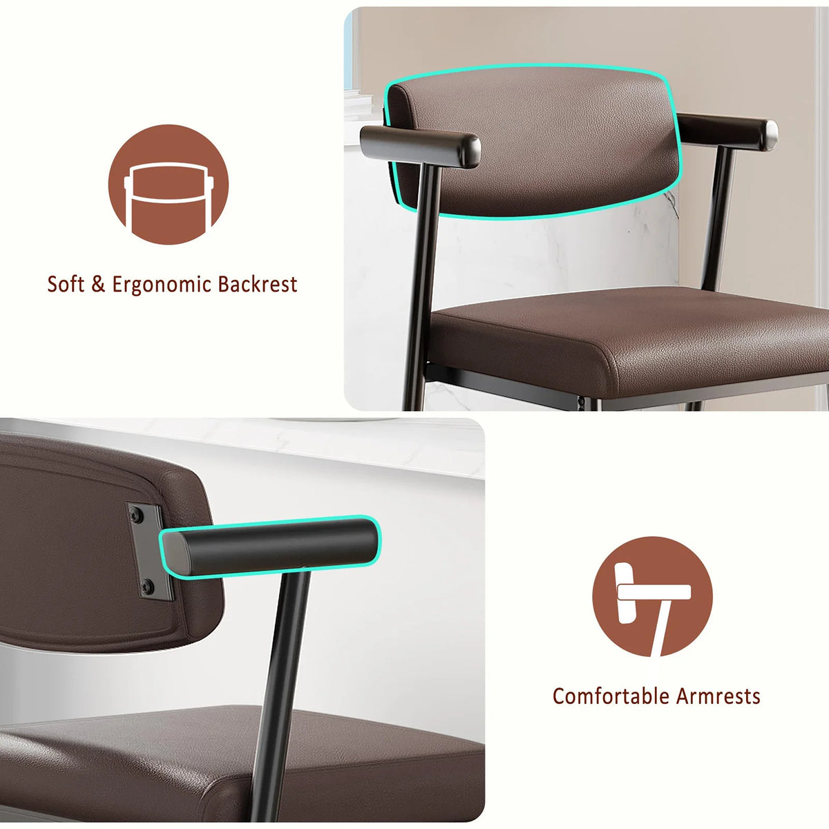 HiMISS Upholstered Metal Dining Bar Stools With Arms And Footrests