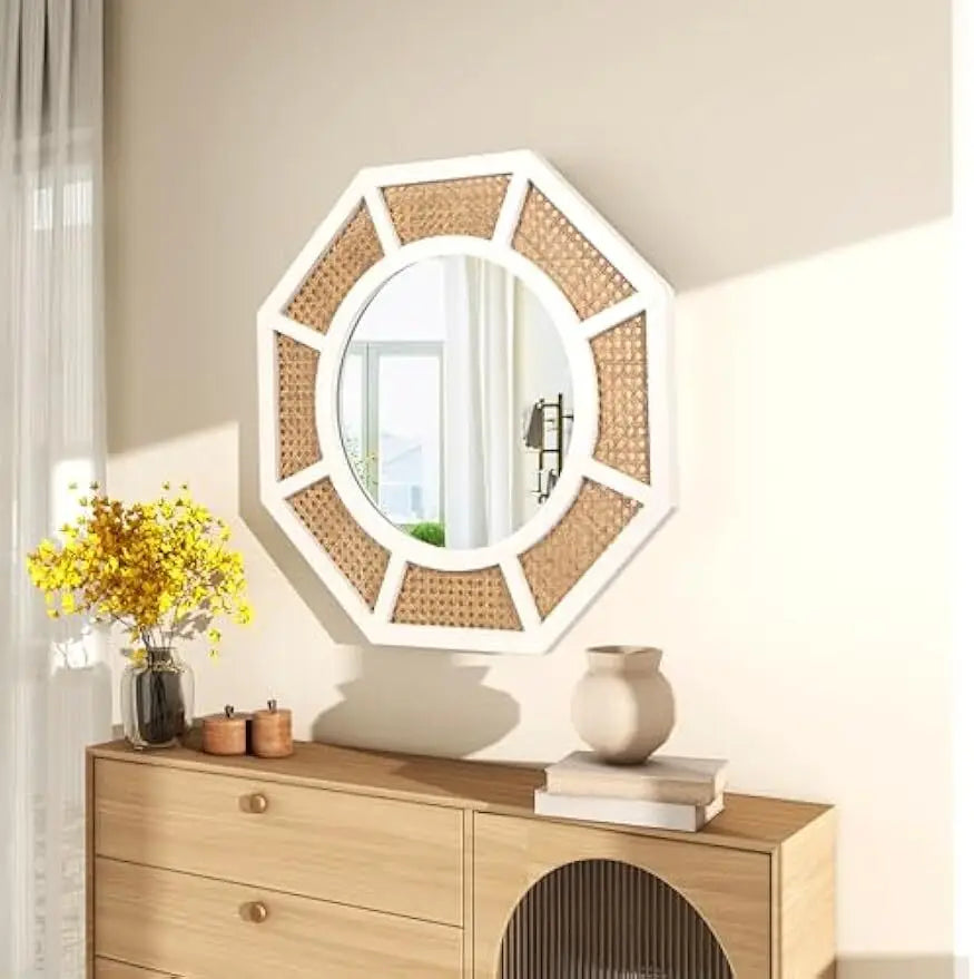 SHYFOY 24" Natural Woven Rattan Wall Mirror, White Frame Boho Wall Decor Mirror
