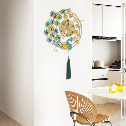 Luxury Peacock Wall Clock Silent Quartz Vintage Home Decor