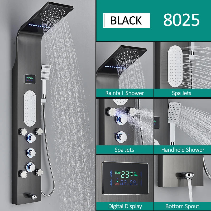 Quyanre Six Function LED Shower Panel With Rainfall Massage Jets