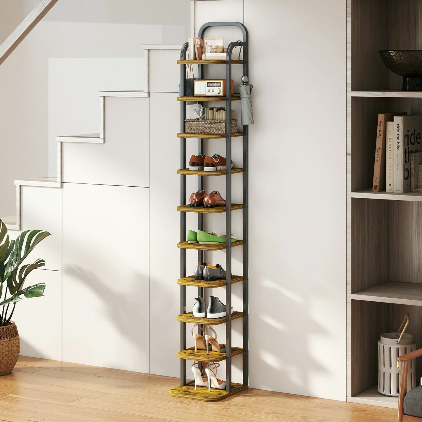 NEW 10 Tiers Vertical Shoe Rack Adjustable Shoe Shelf Storage Organizer Corner Shoe Rack 2 Hooks for Entryway Hallway Bedroom