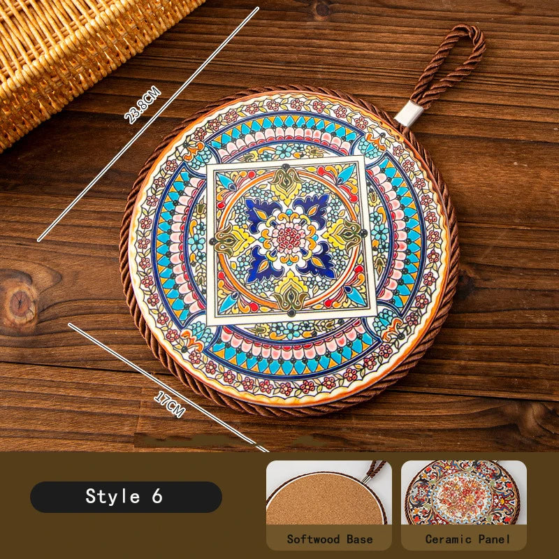 HeMu Bohemian Style Ceramic Pot Holders,Mandala Pattern Heat Resistant Trivets,Hanging Kitchen Coasters with Rope for Hot Dishes