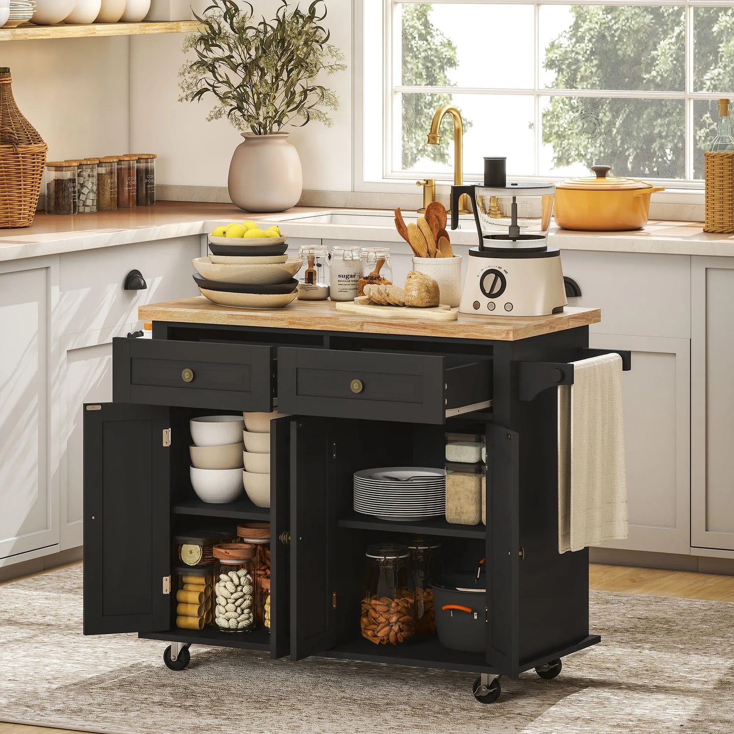 HOMCOM Kitchen Island Cart with Solid Wood Top, 44" Mobile Kitchen Island Table on Wheels with Storage Cabinets, 2 Drawers, Adjustable Shelves, Spice Rack & Towel Bar for Dining Room, Black