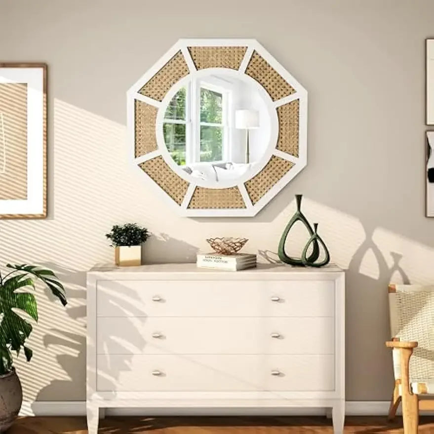 SHYFOY 24" Natural Woven Rattan Wall Mirror, White Frame Boho Wall Decor Mirror