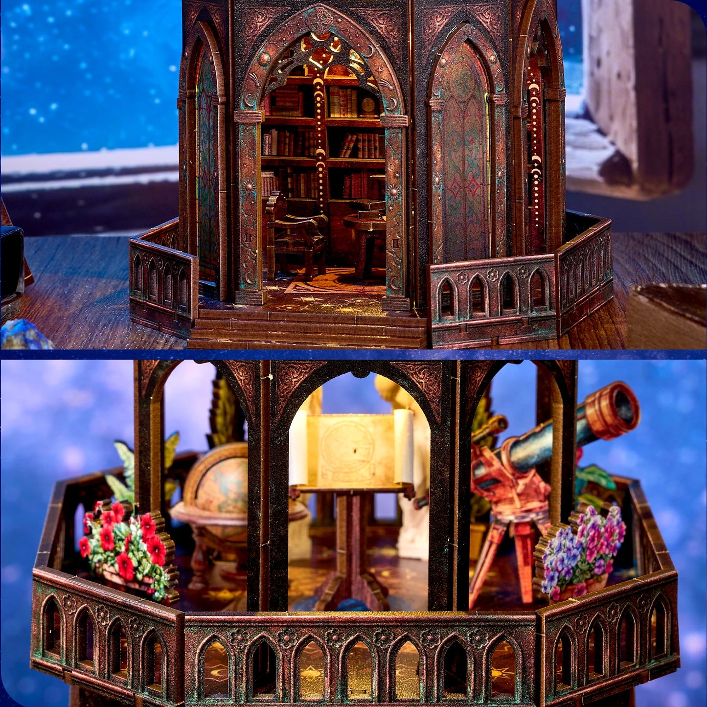 DIY 3D Wooden Puzzle Book Nook Kit Observatory Bookshelf Insert Dollhouse Model Bookend Home Decoration Building Gifts for Adults