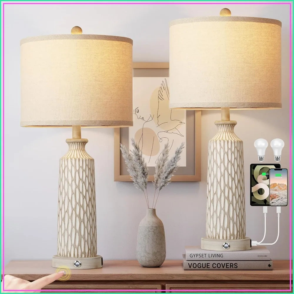 Farmhouse Table Lamp Set With USB Charging And Touch Dimming