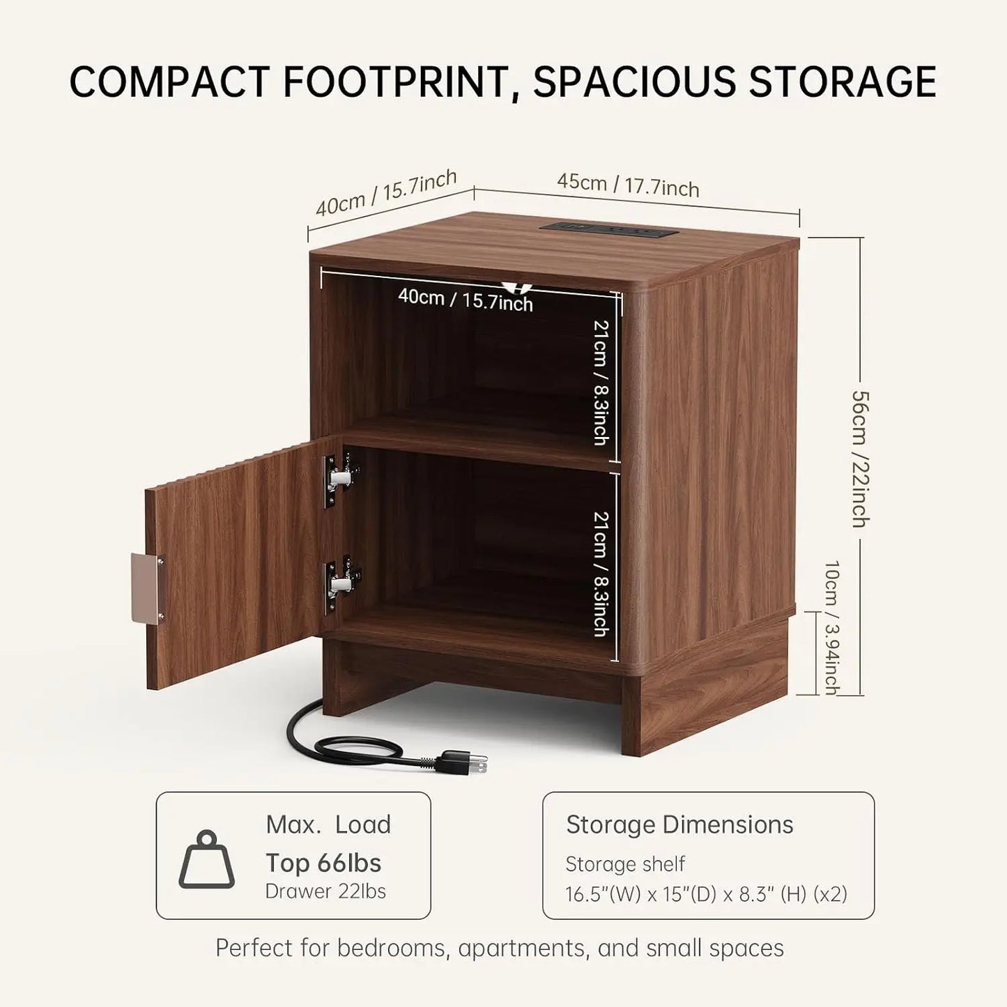 TinyNest Fluted Wood Nightstand With Charging Station And Storage