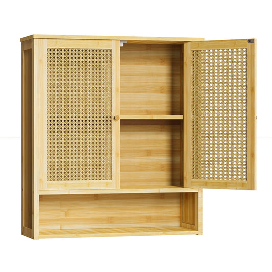 Wooden Storage Cupboard Wall Mounted Medicine Cabinet Unit Kitchen Shelf with Wooden Storage Cupboard with 2 Rattan Doors