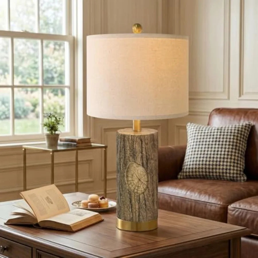 25.5'' Rustic Farmhouse Table Lamps Bark Lamps with Gold Base Bedside Lamps Set of 2 with A+C Charging Ports Retro Nightstand L