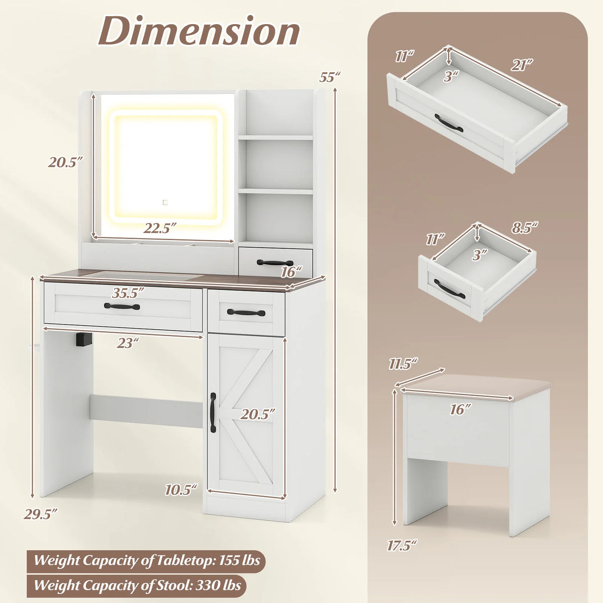 HOMASIS Vanity Desk With Mirror, Power Outlets, And Adjustable Lighting