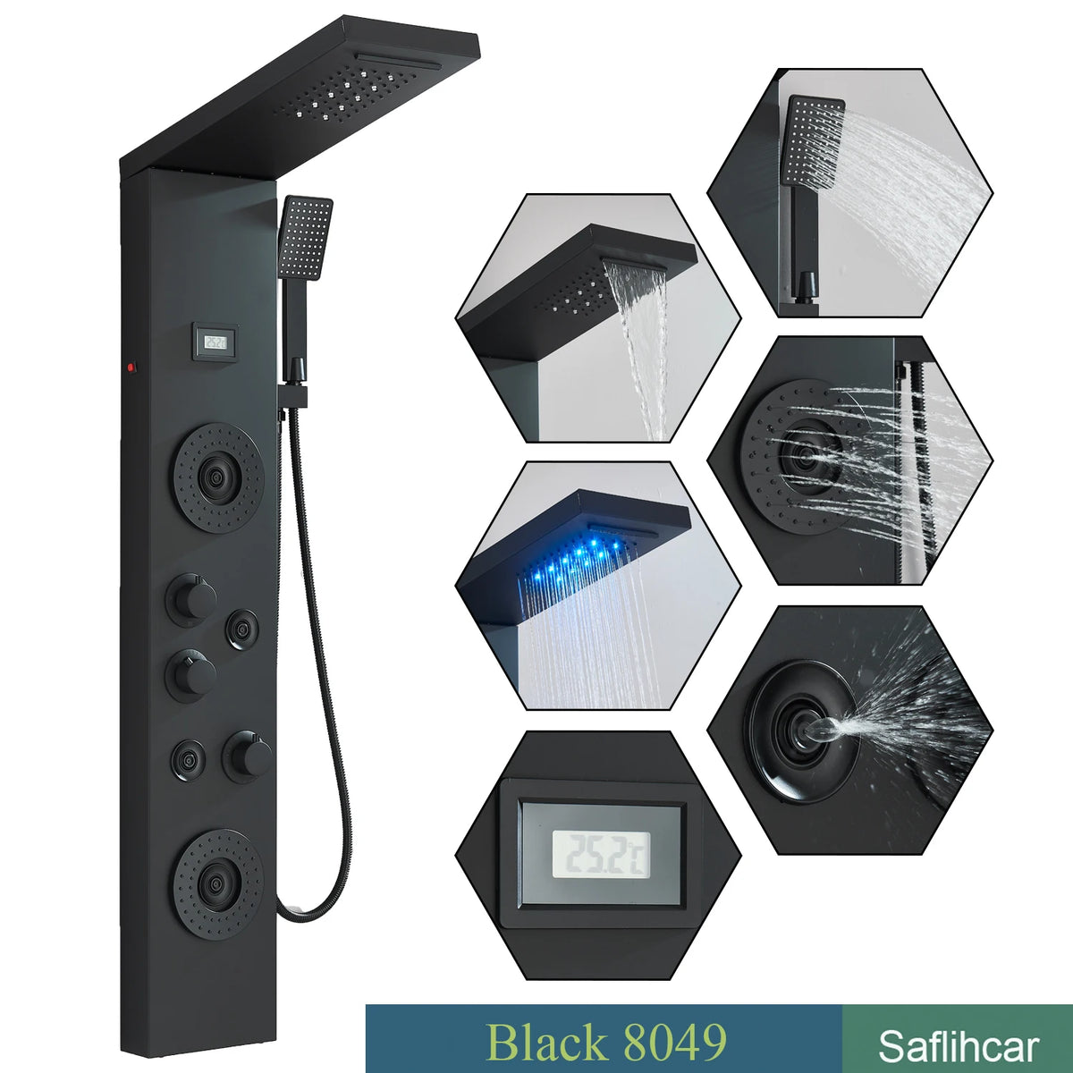 Black Shower Column LED Rainfall Bathroom Faucet with Massage Jet Shower Panel System 5 Modes Waterfall Hot and Cold Mixer Tap
