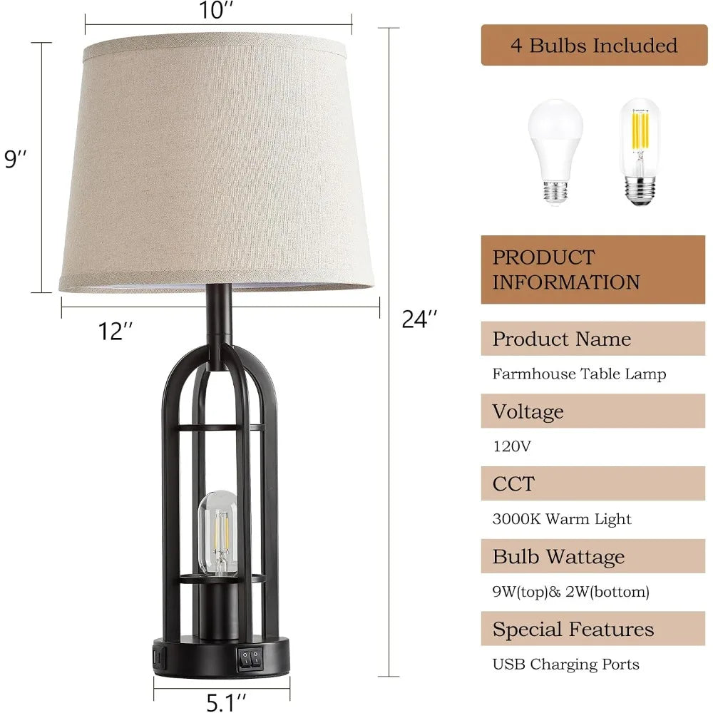 Farmhouse Table Lamps Set Of Two With Usb Charging Port