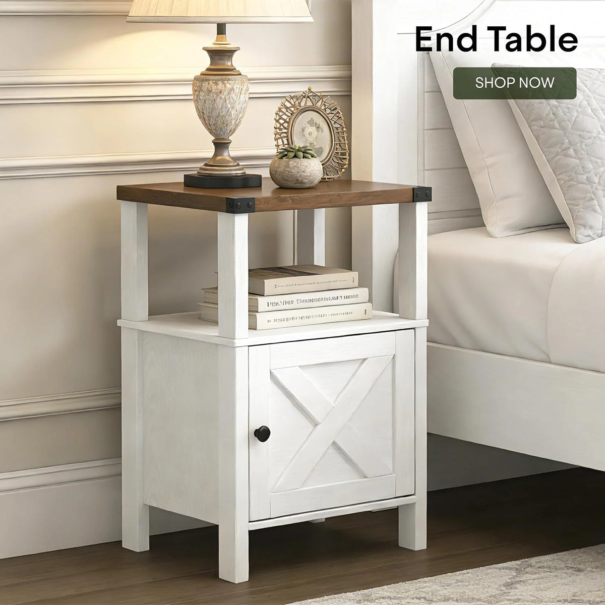 24.8"Farmhouse Nightstand Set 2, Wood Bedside Table with Barn Door Storage for Bedroom Living Room, White/Beige