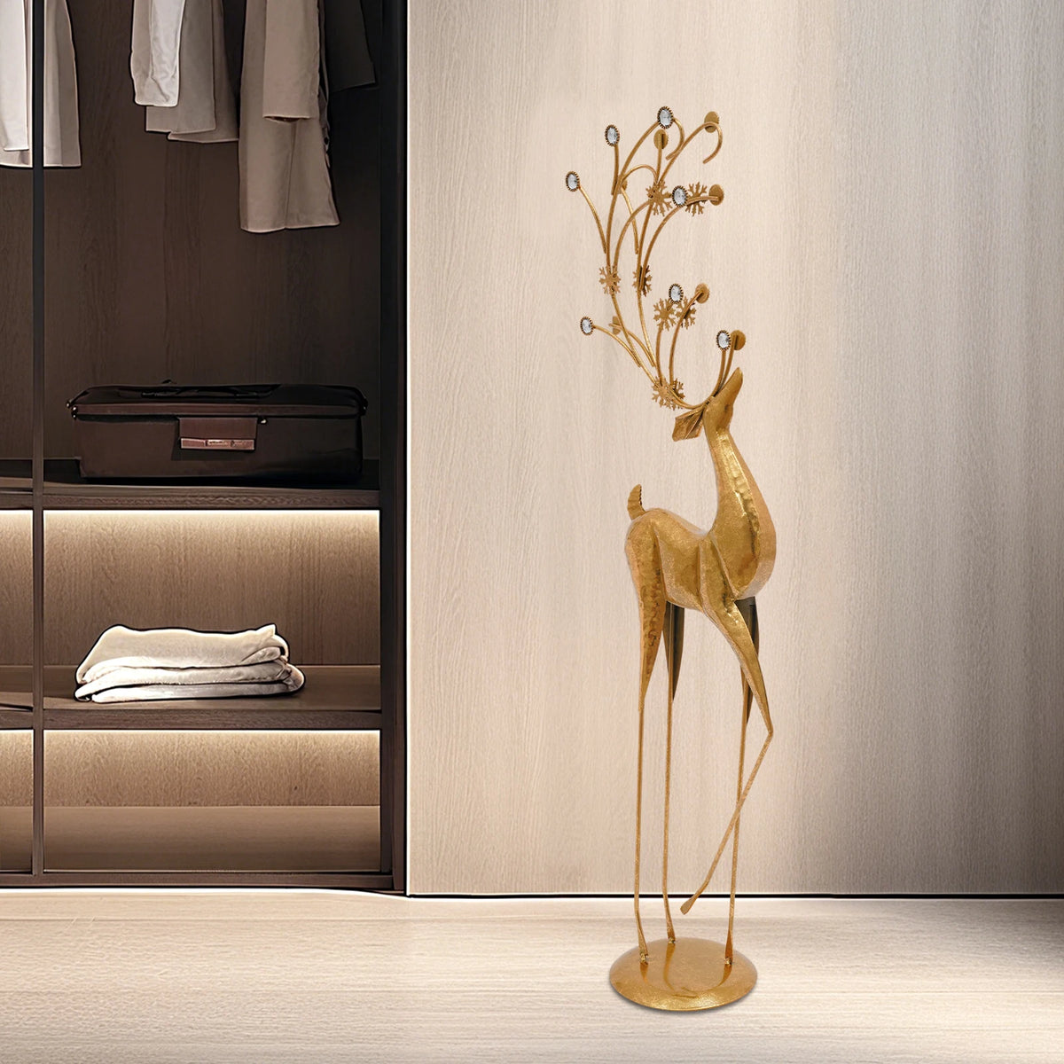 85CM Large Gold Deer Statue, Retro Iron & Plastic Sculpture with Rhinestone Antlers, High-Temperature Baking Paint, Sturdy Freestanding Home Decor Ornament for Living Room, Office, Christmas Gift