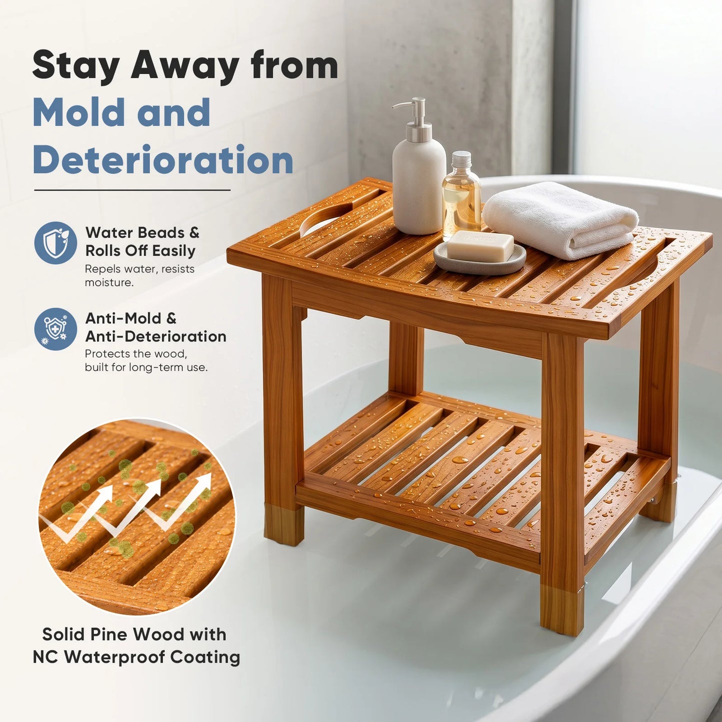 JHK 18IN/14IN Wooden Bathroom Shower Stool Waterproof Shower Bench for Shaving Legs Chair with Storage Shelf Handles 300 LBS Capacity Showering Seat