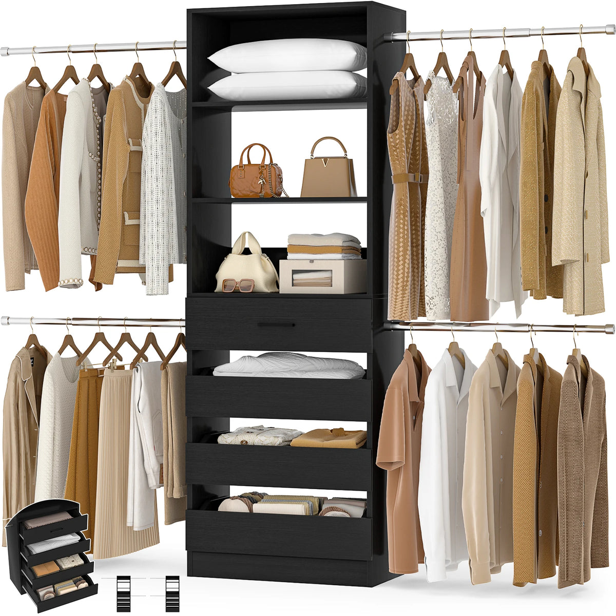 Aheaplus Wooden Closet System With Four Drawers Four Hanging Rods