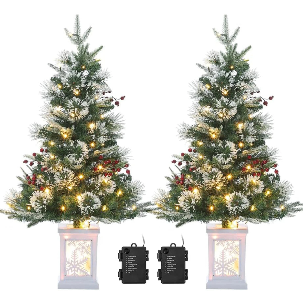 2Pcs Christmas Tree 3 Ft Pre-Lit Artificial Christmas Trees with Potted Base Snow Flocked Small  Tree With 78 Lights 8 Modes