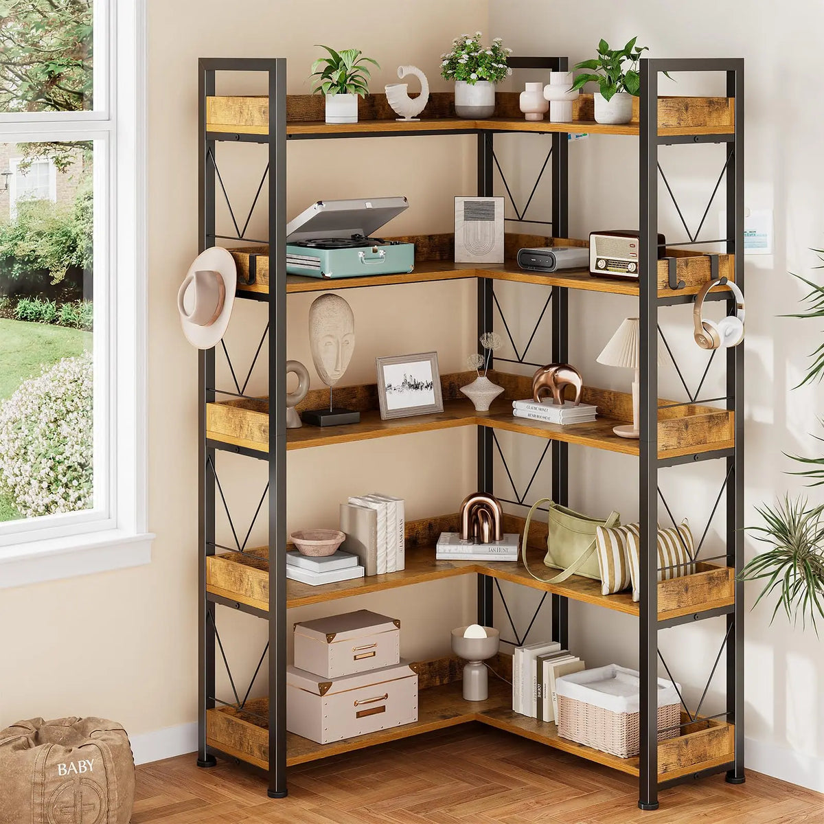 JHK 65 inch L Shaped Bookshelf 5 Tier Corner Bookcase with Hooks and Edge Metal Frame Wooden Open Storage for Living Room Home