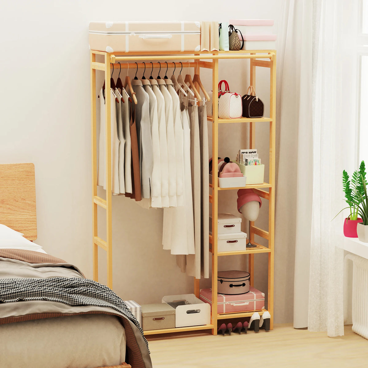 6 Tier Bamboo Garment Rack with Hanging Cover and Storage Shelves