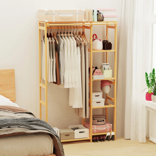 6 Tier Bamboo Garment Rack with Hanging Cover and Storage Shelves