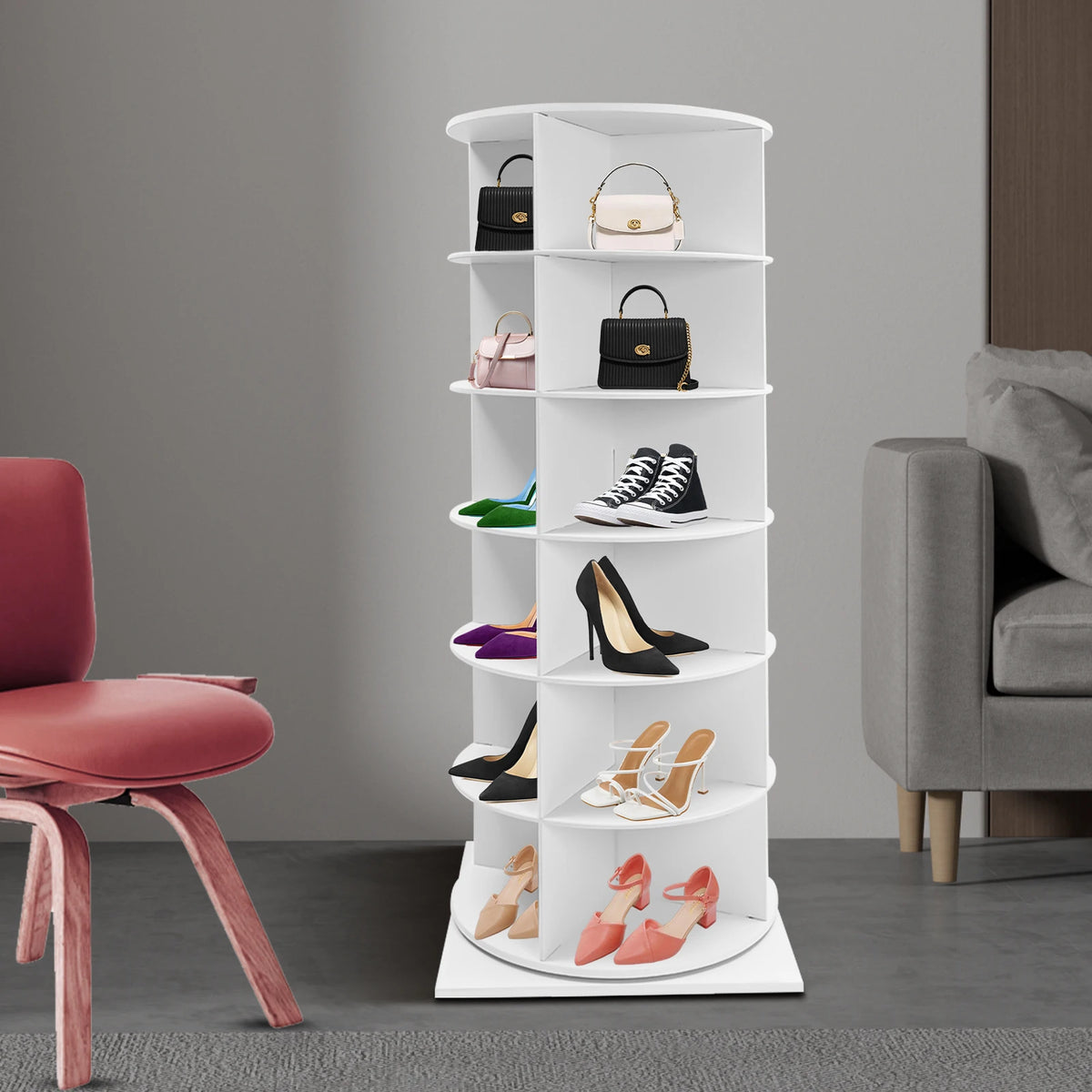 6/7 Tier 360° Rotating Shoe Rack Organizer Multifunctional PVC Sheet Shoe Rack Home Space Saving Corner Tower for Hats Bags Books Holds 24/28 Pairs of Shoes