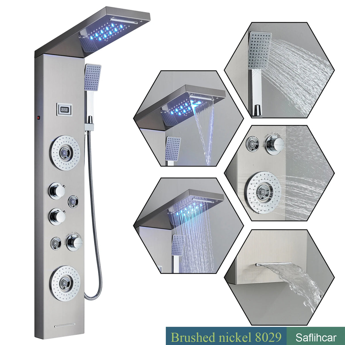 Black Shower Column LED Rainfall Bathroom Faucet with Massage Jet Shower Panel System 5 Modes Waterfall Hot and Cold Mixer Tap