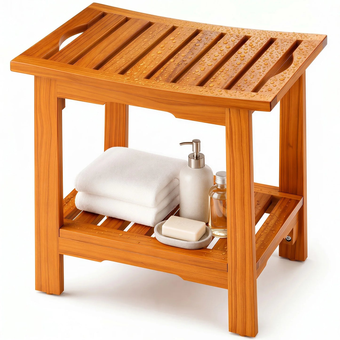 JHK 18IN/14IN Wooden Bathroom Shower Stool Waterproof Shower Bench for Shaving Legs Chair with Storage Shelf Handles 300 LBS Capacity Showering Seat