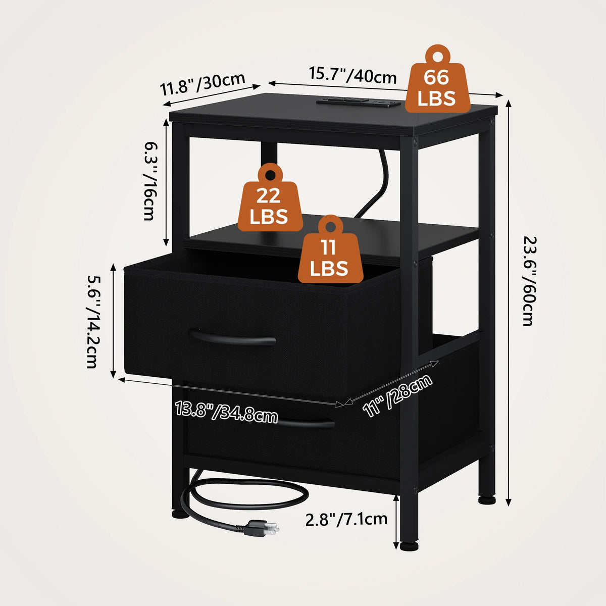 JHK Fabric Nightstand With USB Charging And Open Shelf