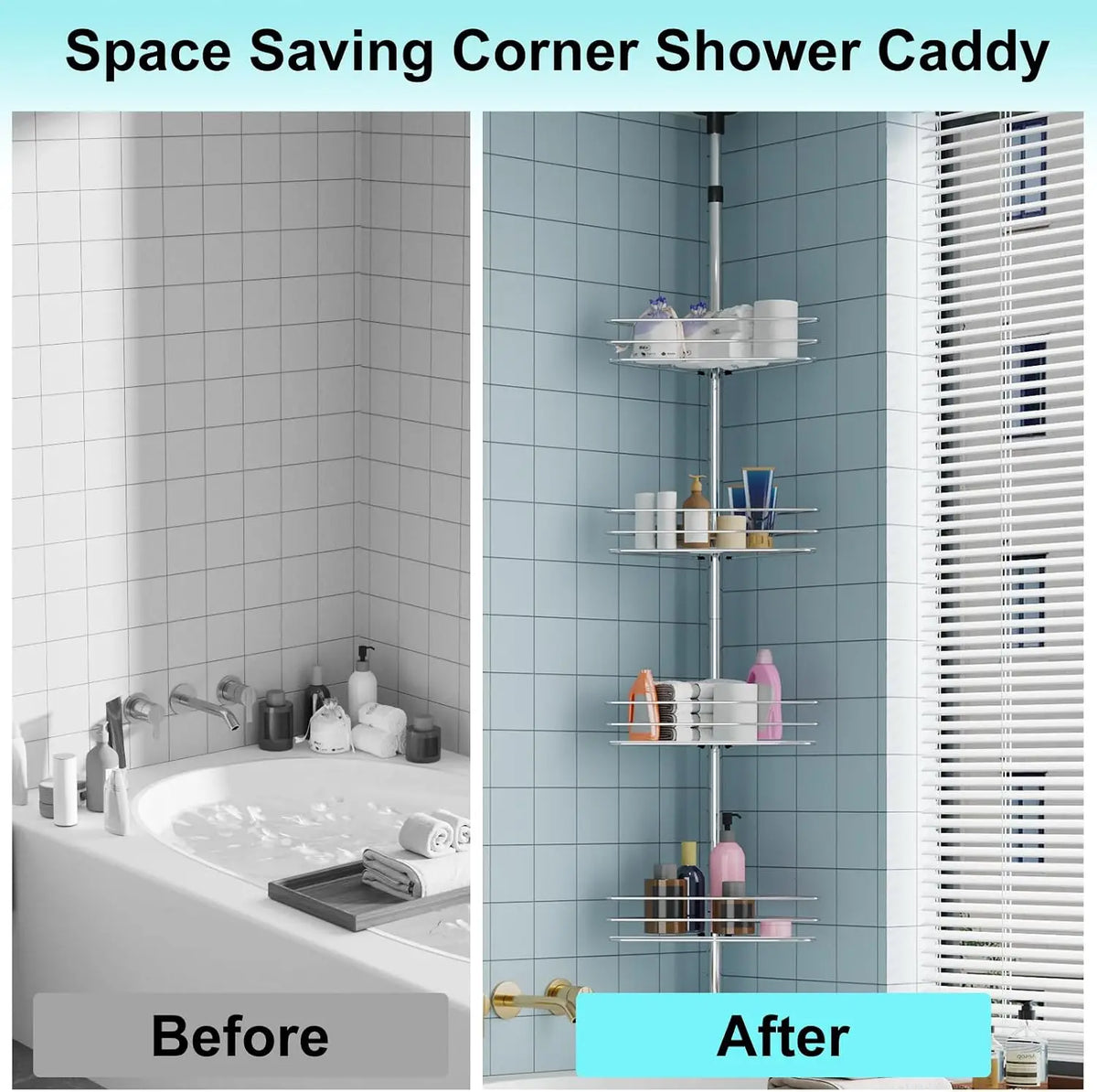 Bathroom Corner Shower Tension Pole Rust Proof Telescopic Rod Four-Layer 4 Tier Storage Rack Shower Organizer Stainless Steel Decor Shelf