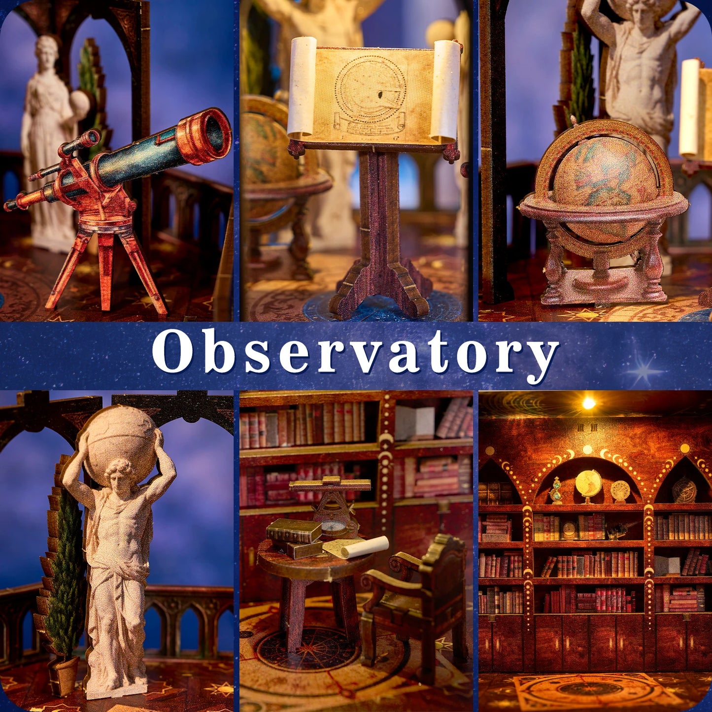 DIY 3D Wooden Puzzle Book Nook Kit Observatory Bookshelf Insert Dollhouse Model Bookend Home Decoration Building Gifts for Adults