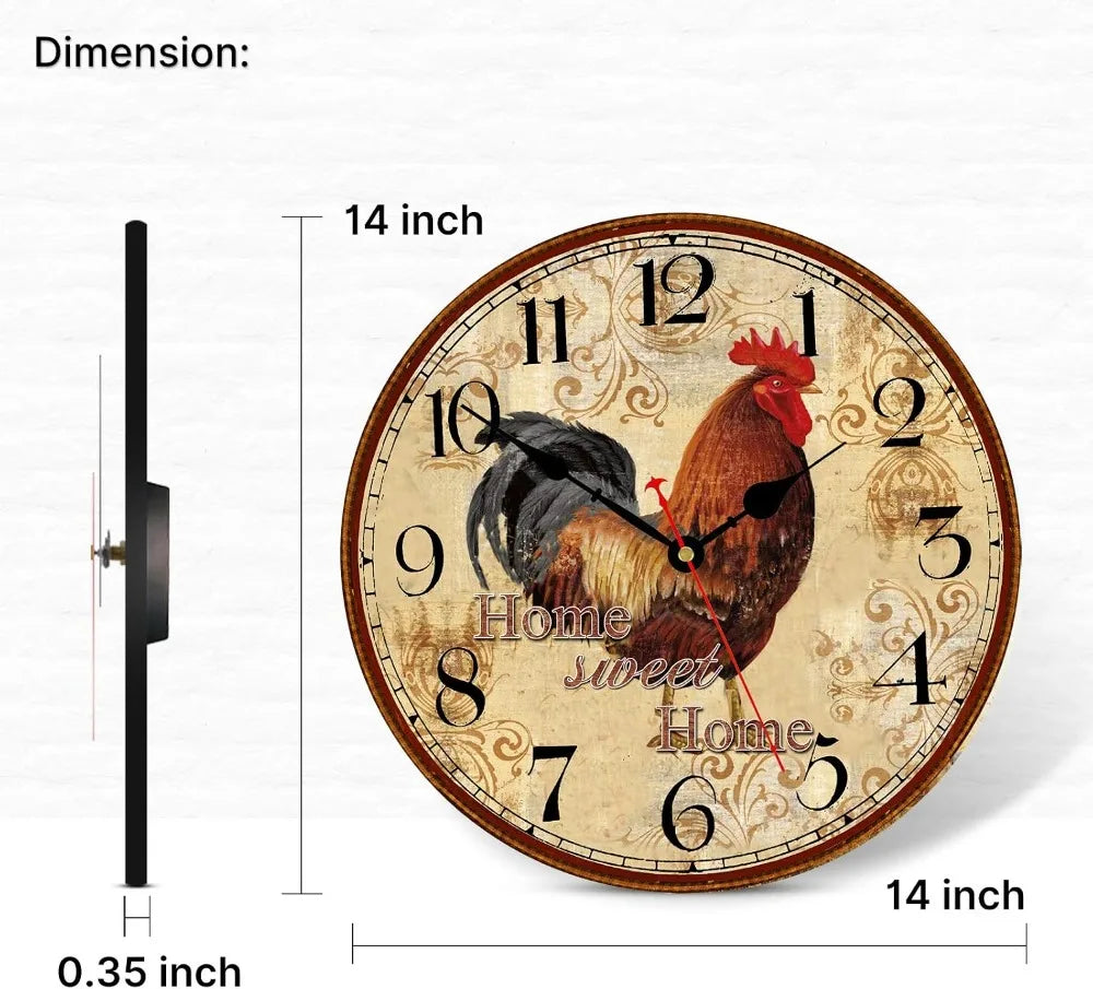 14 Inch Rustic Rooster Wall Clock, Retro Silent Non Ticking, Easy to Read, Battery Operated Decorative Clock for Kitchen Living Room Bedroom Farmhouse