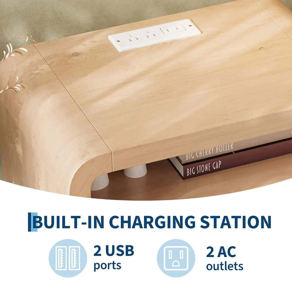 23" Wide Nightstand With Charging Station, 2 AC Outlets 2 USB Ports, 2 Drawer Narrow Bedside Table For Bedroom Living Room Entryway