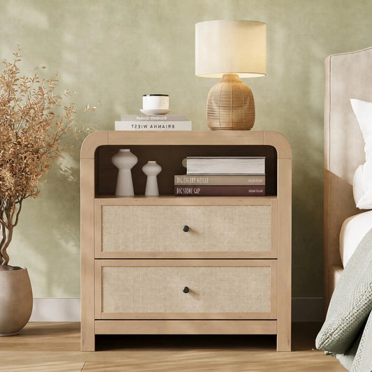 23" Wide Nightstand With Charging Station, 2 AC Outlets 2 USB Ports, 2 Drawer Narrow Bedside Table For Bedroom Living Room Entryway