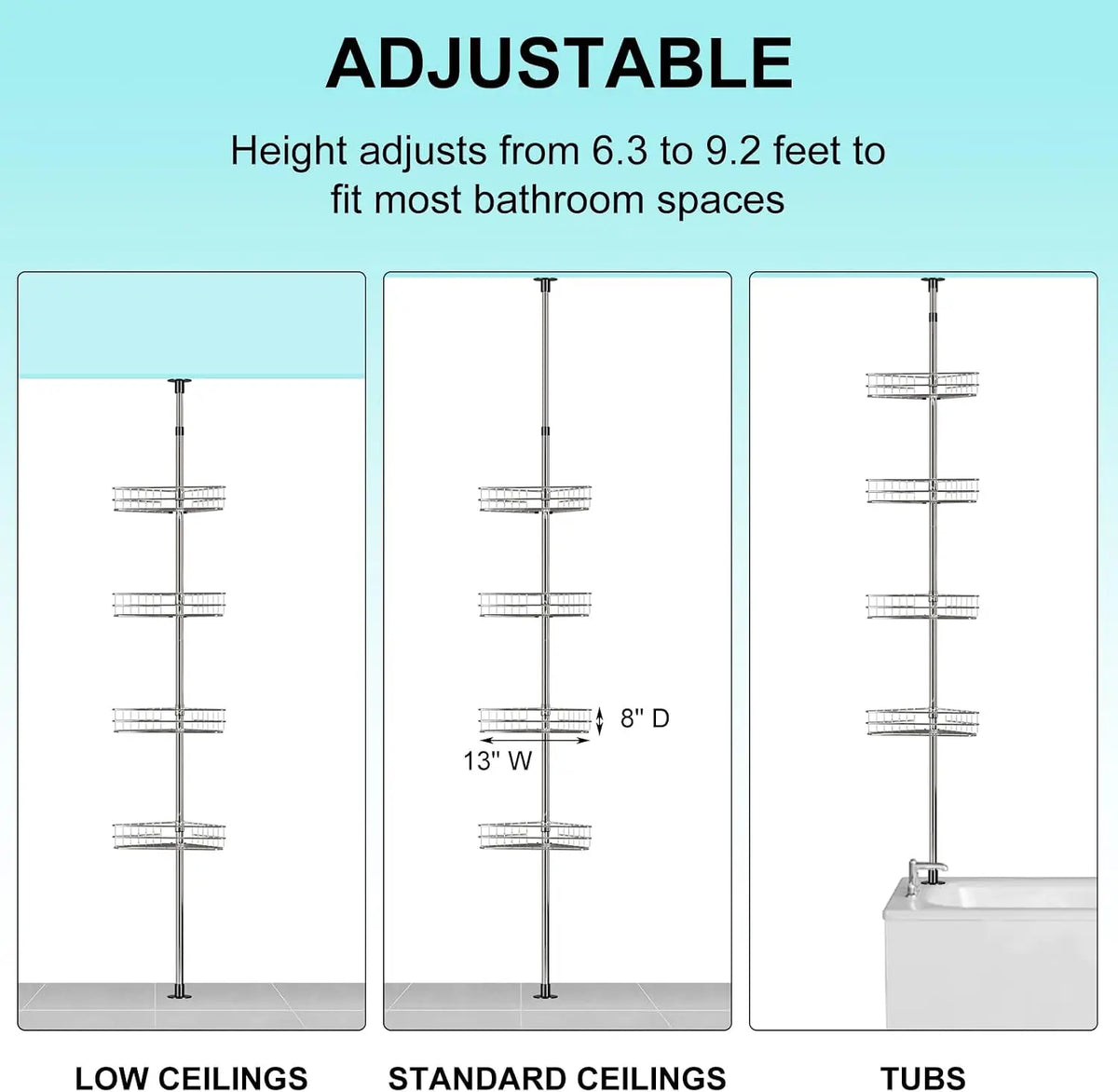 Bathroom Corner Shower Tension Pole Rust Proof Telescopic Rod Four-Layer 4 Tier Storage Rack Shower Organizer Stainless Steel Decor Shelf