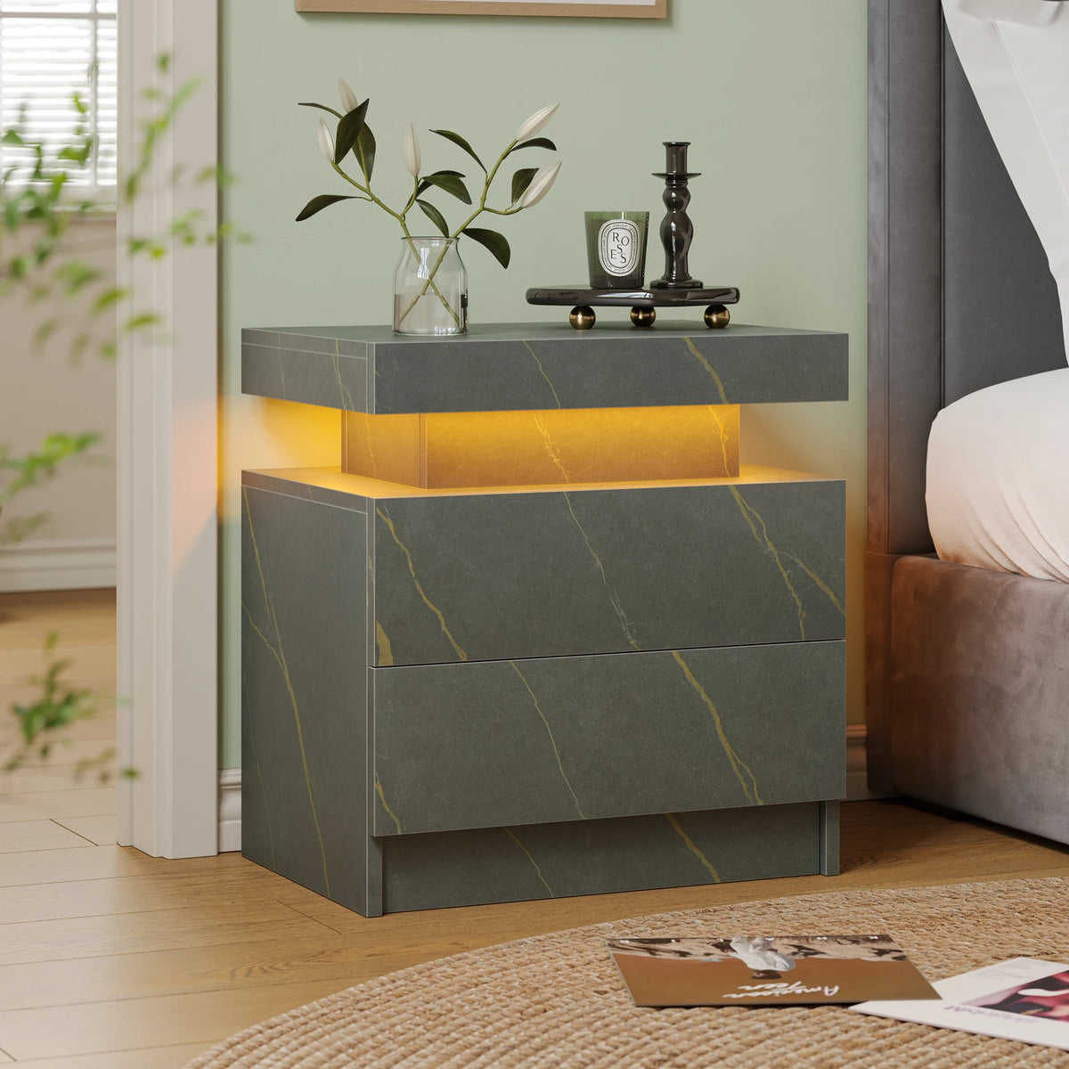 Cubehom LED Nightstands with 2 Drawers, End Table with RGB LED Lights for Bedroom Living Room, White Bedside Table